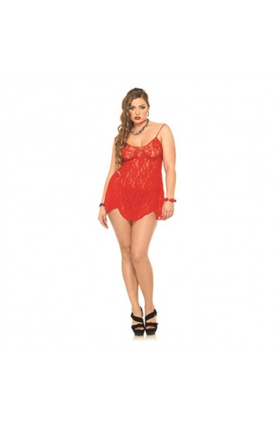 Rose Lace Chemise and G-String - Queen Size - Red