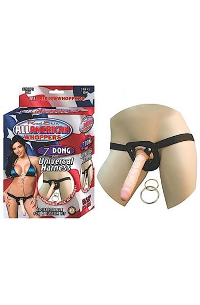 All American Whoppers 7-Inch Dong With Universal With Universal Harness-Flesh